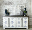 White cabinet with blue damask medallions from ReDesign with Prima Dana Damask by KACHA furniture transfer