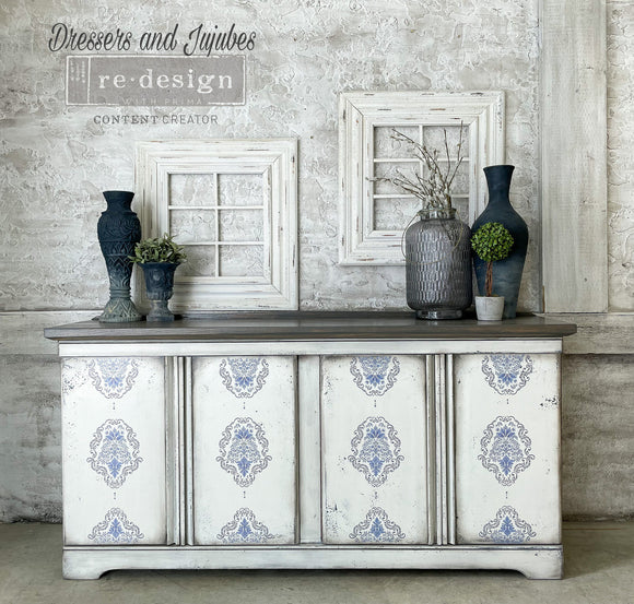 White cabinet with blue damask medallions from ReDesign with Prima Dana Damask by KACHA furniture transfer