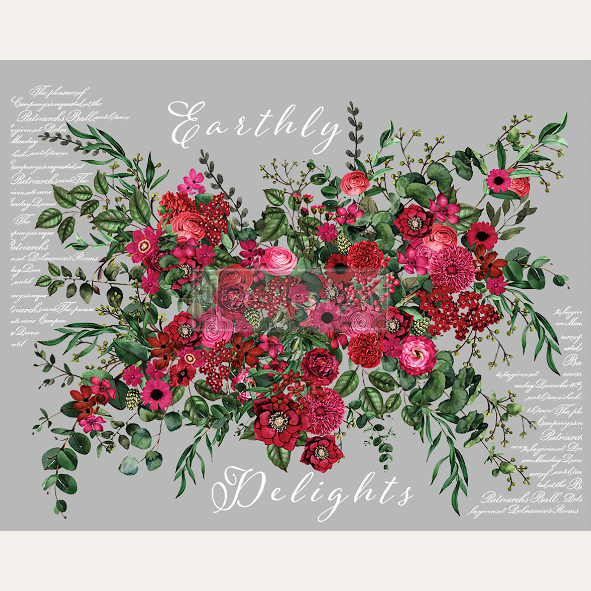 A rub on transfer featuring a bold magenta floral bouquet with trailing greenery and white script is shown against a grey background to show the white script. White borders are on the top and bottom.