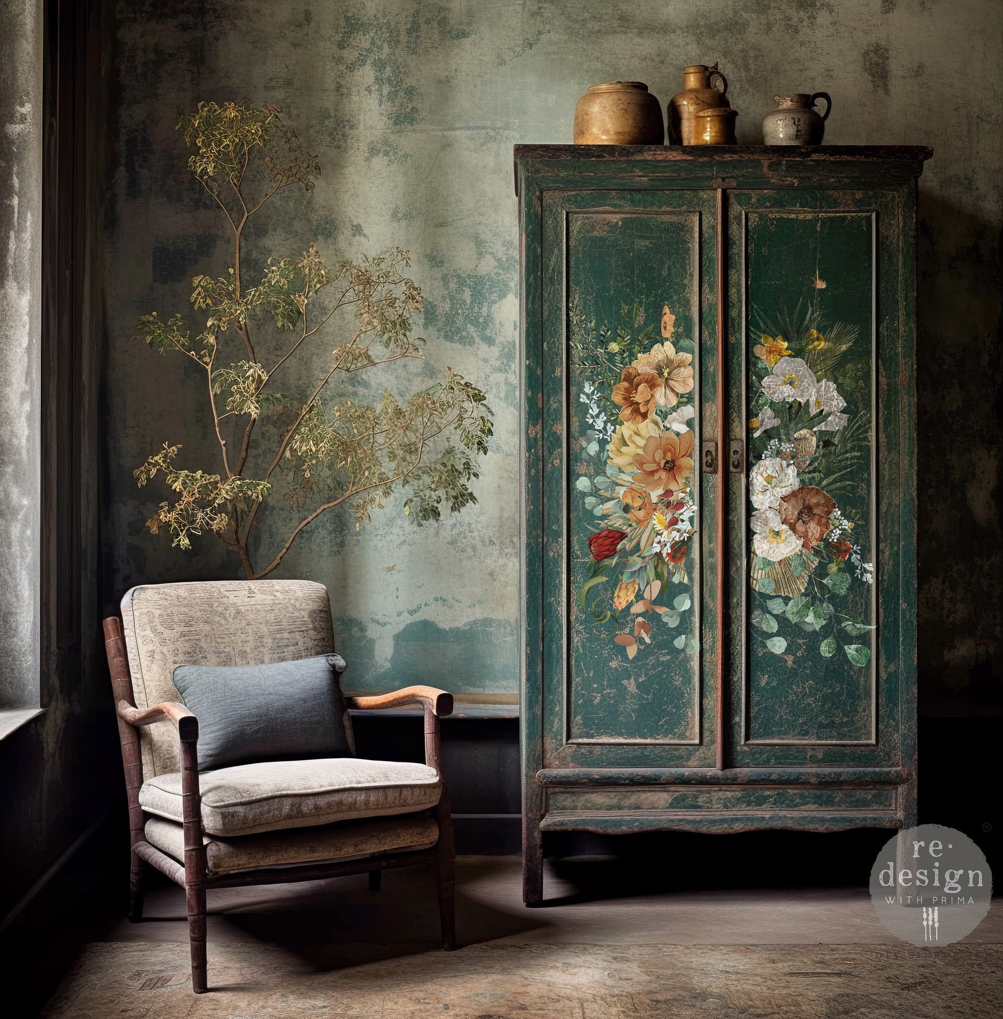 A vintage armoire is painted a distressed dark green and features ReDesign with Prima's Kacha Elegant Neutrals rub-on transfer on its 2 doors.