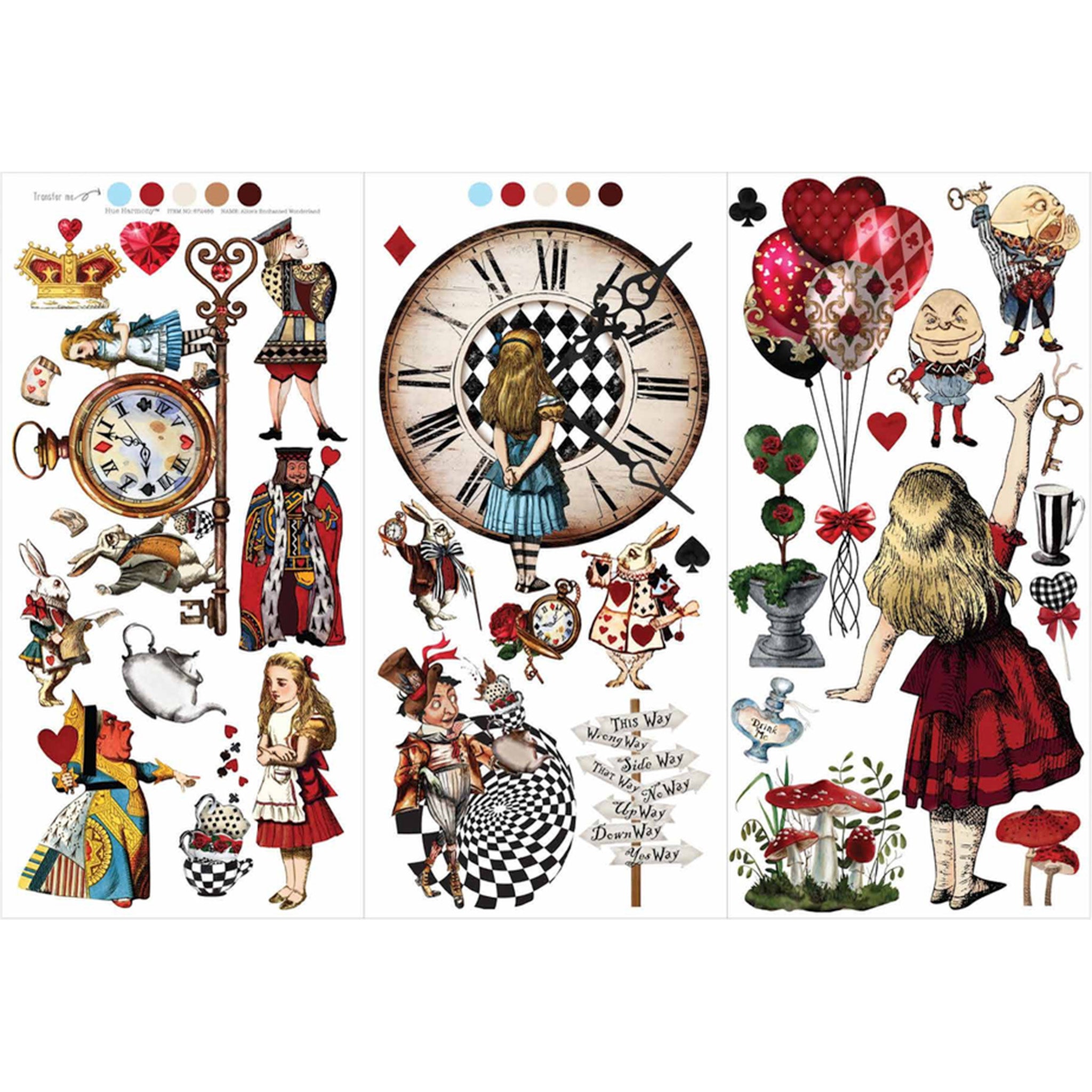 Rub on transfer that features beloved characters and items from Alice In Wonderland is against a white background.