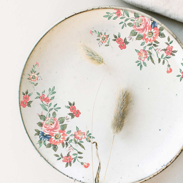 A white plate features the Gorgeous Coral Flora small H2O transfer on it.