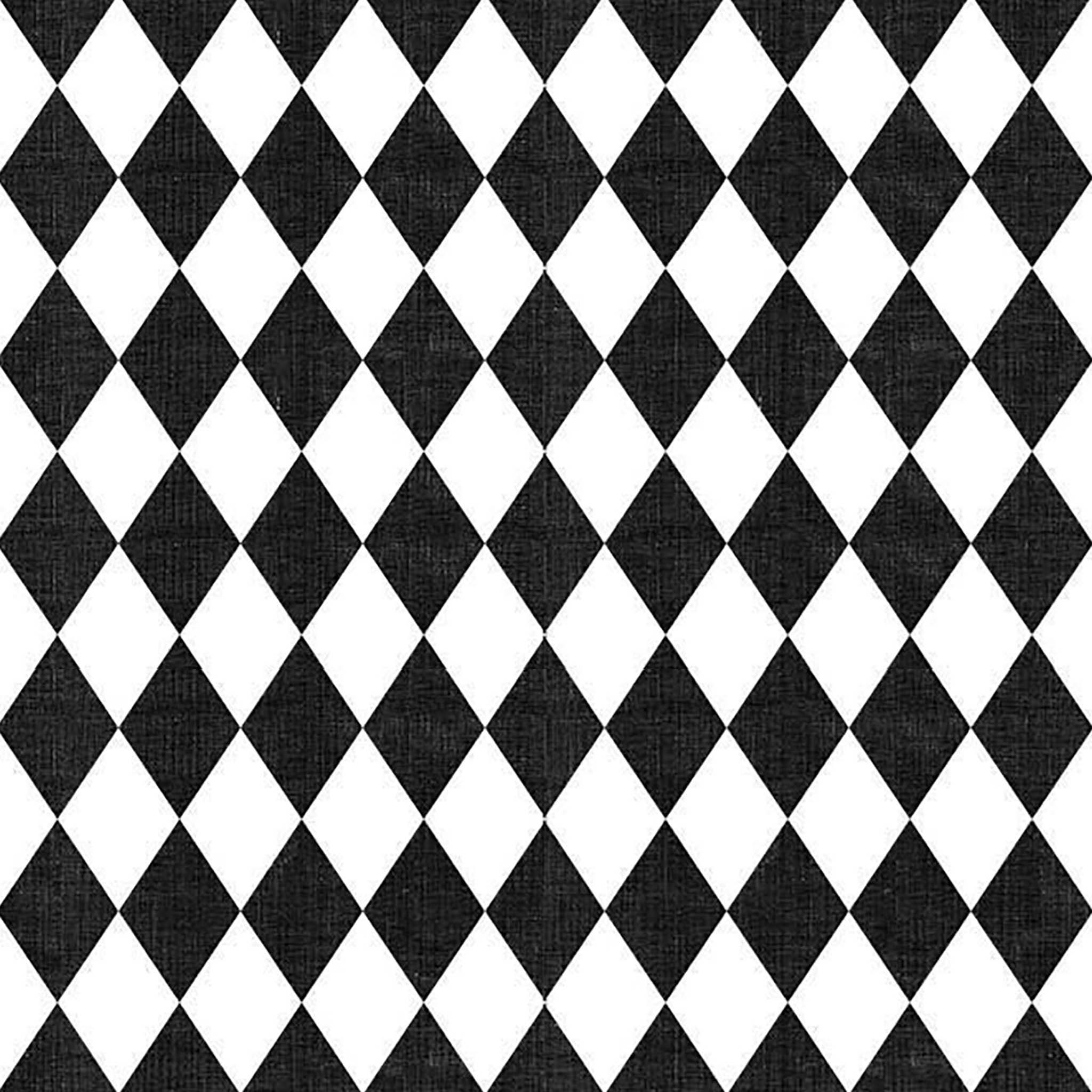 Close-up of a large rub-on transfer design of a repeating black harlequin diamonds design against a white background.