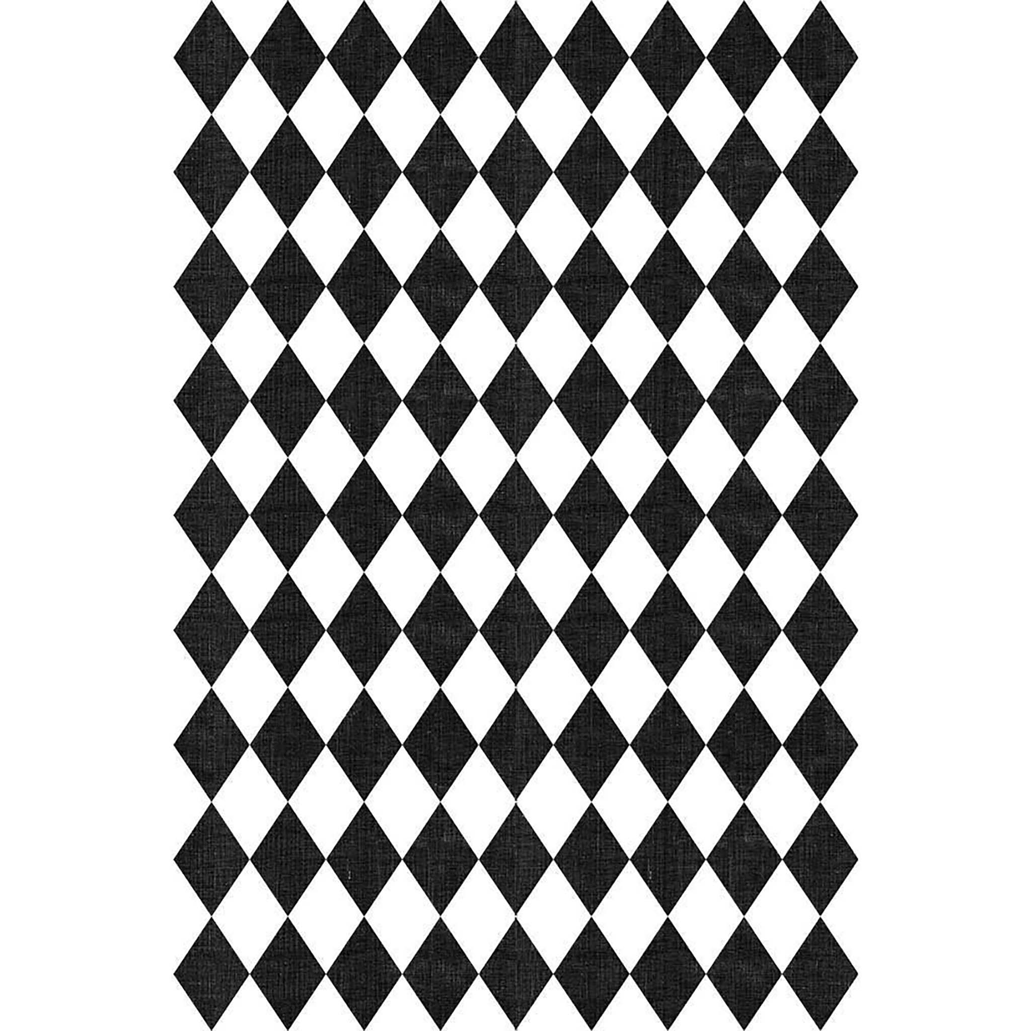 Large rub-on transfer design of a repeating black harlequin diamonds design against a white background.