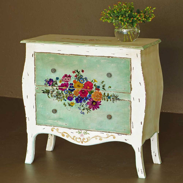 A vintage 2-drawer nightstand is painted white with green drawers and features the Floral Kiss small transfer on it.