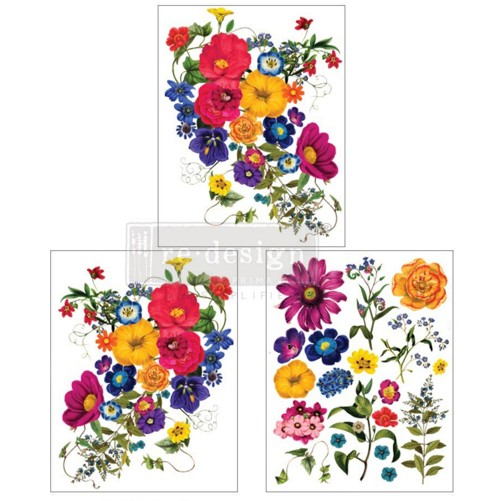 Three sheets of a small rub-on transfer feature bright and colorful floral bouquets and wildflowers.