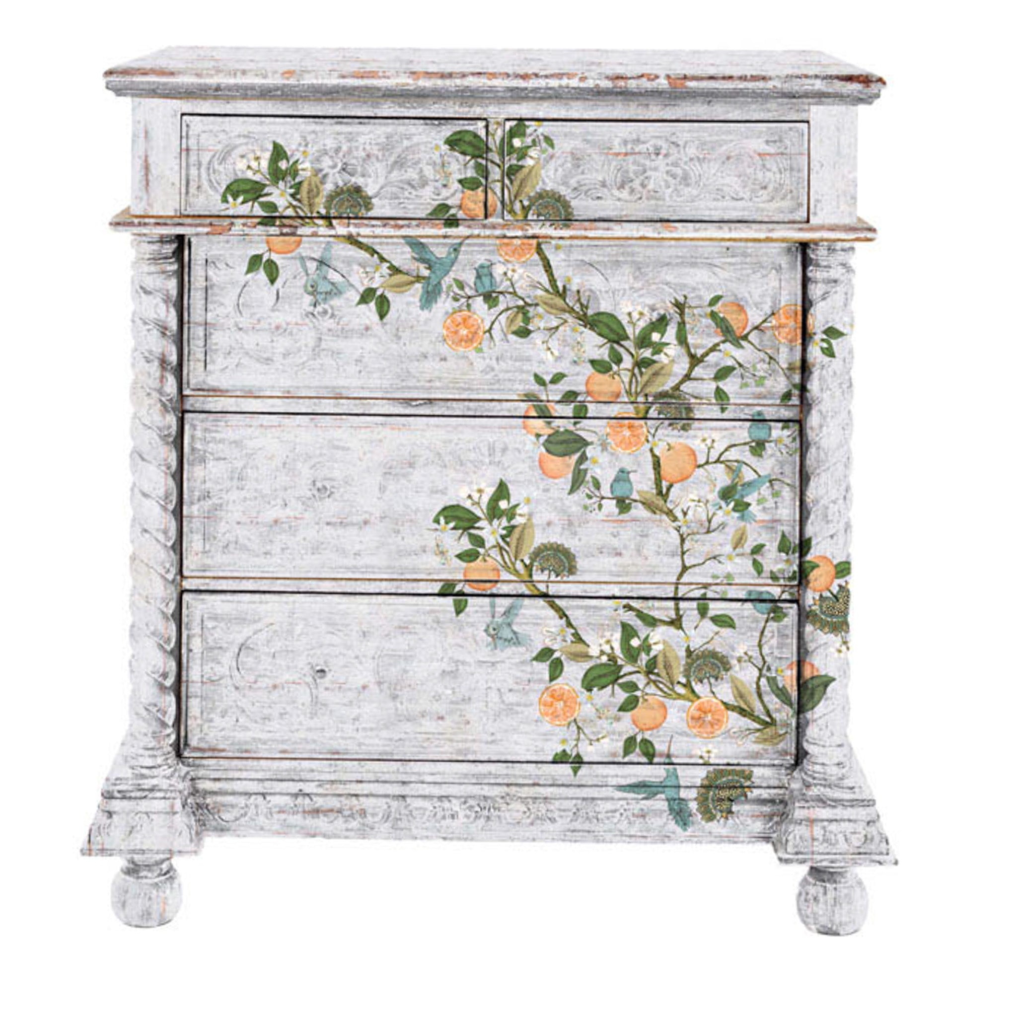 A vintage 5-drawer chest dresser is painted weathered white and features ReDesign with Prima's Orange Grover transfer on the front.