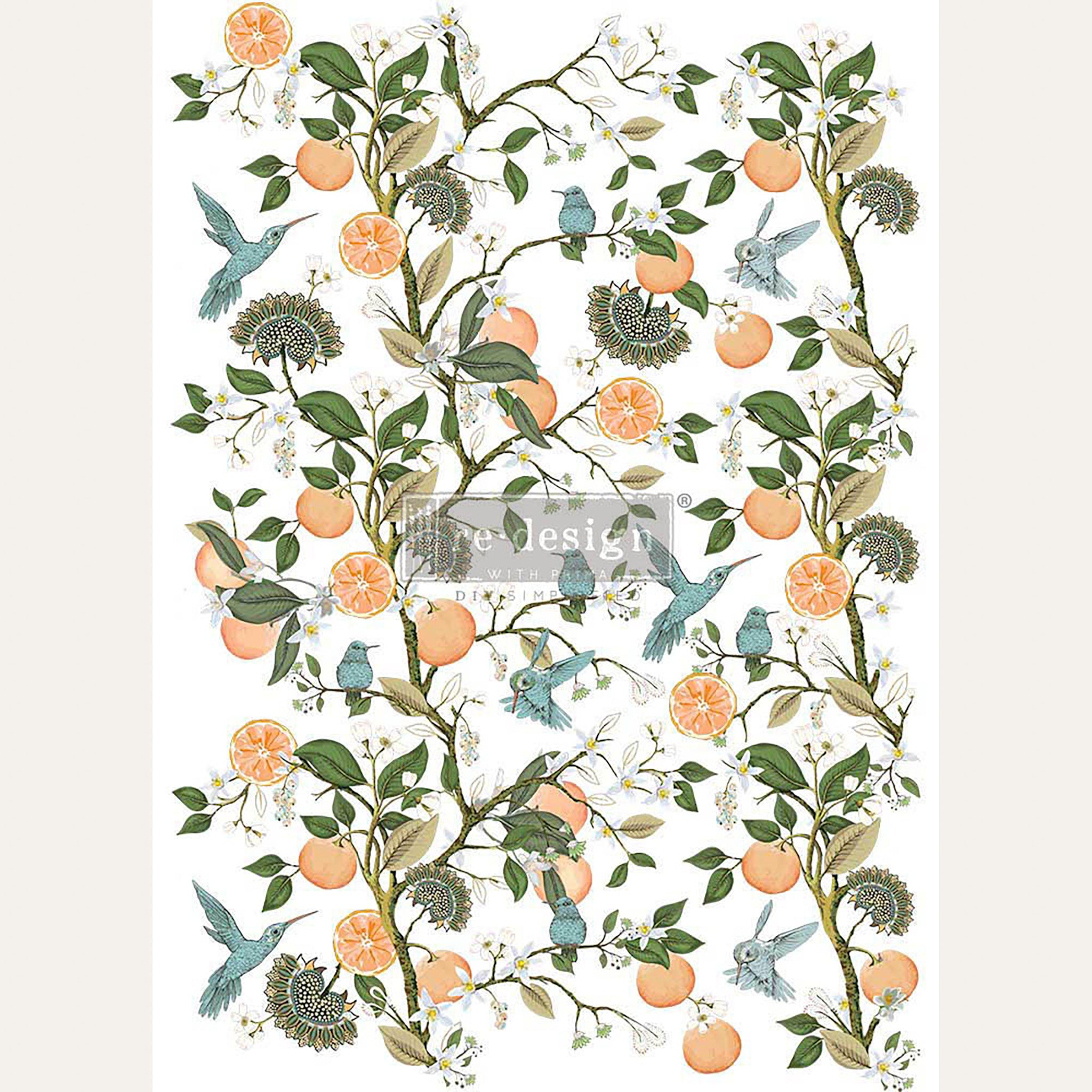 Rub on transfer featuring a mid century modern design with vibrant orange tree branches and playful blue hummingbirds is against a white background. Beige borders are on the sides.