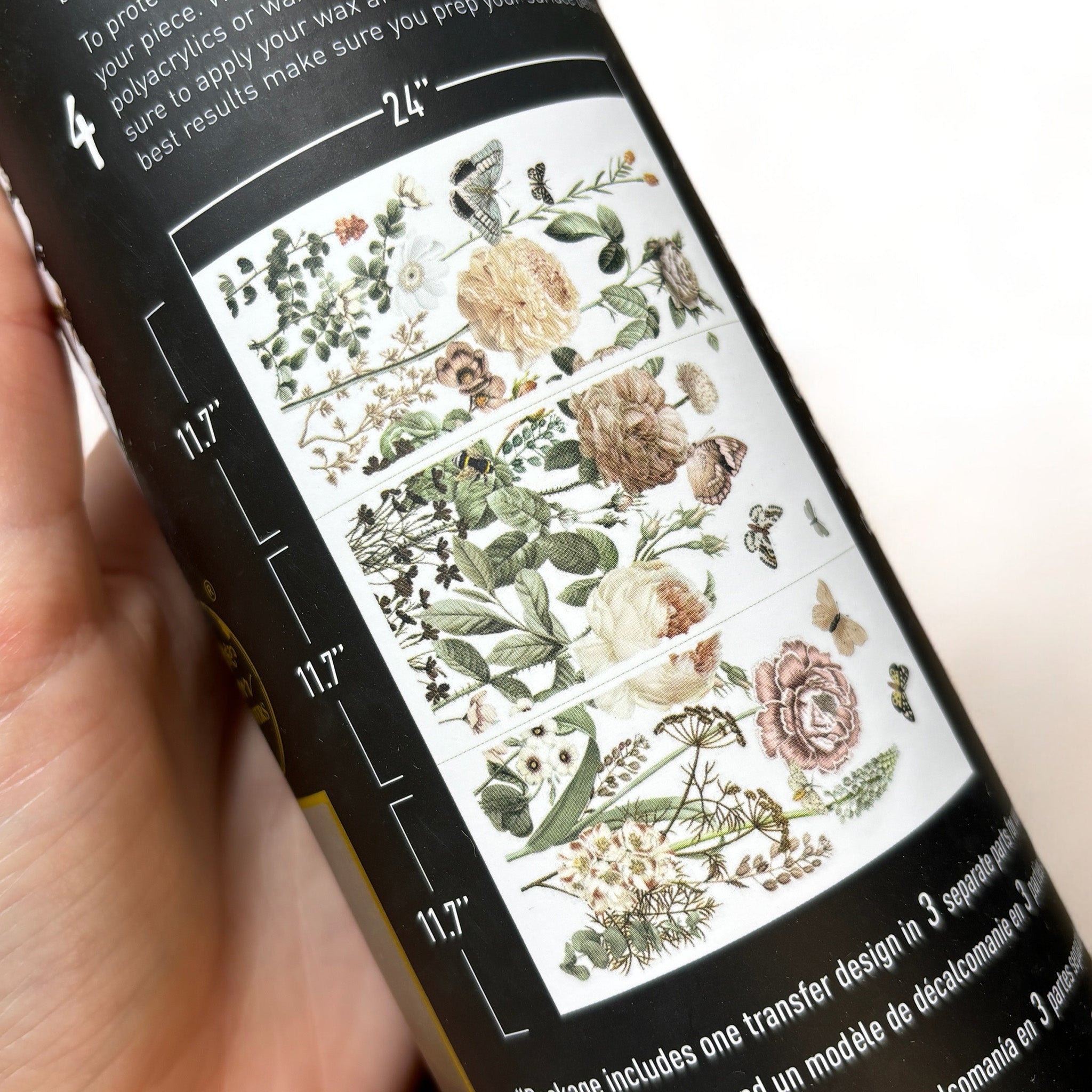 A tube of ReDesign with Prima's All the Flowers rub-on transfer shows 3 sheets with measurements of 24" x 11.7" each.