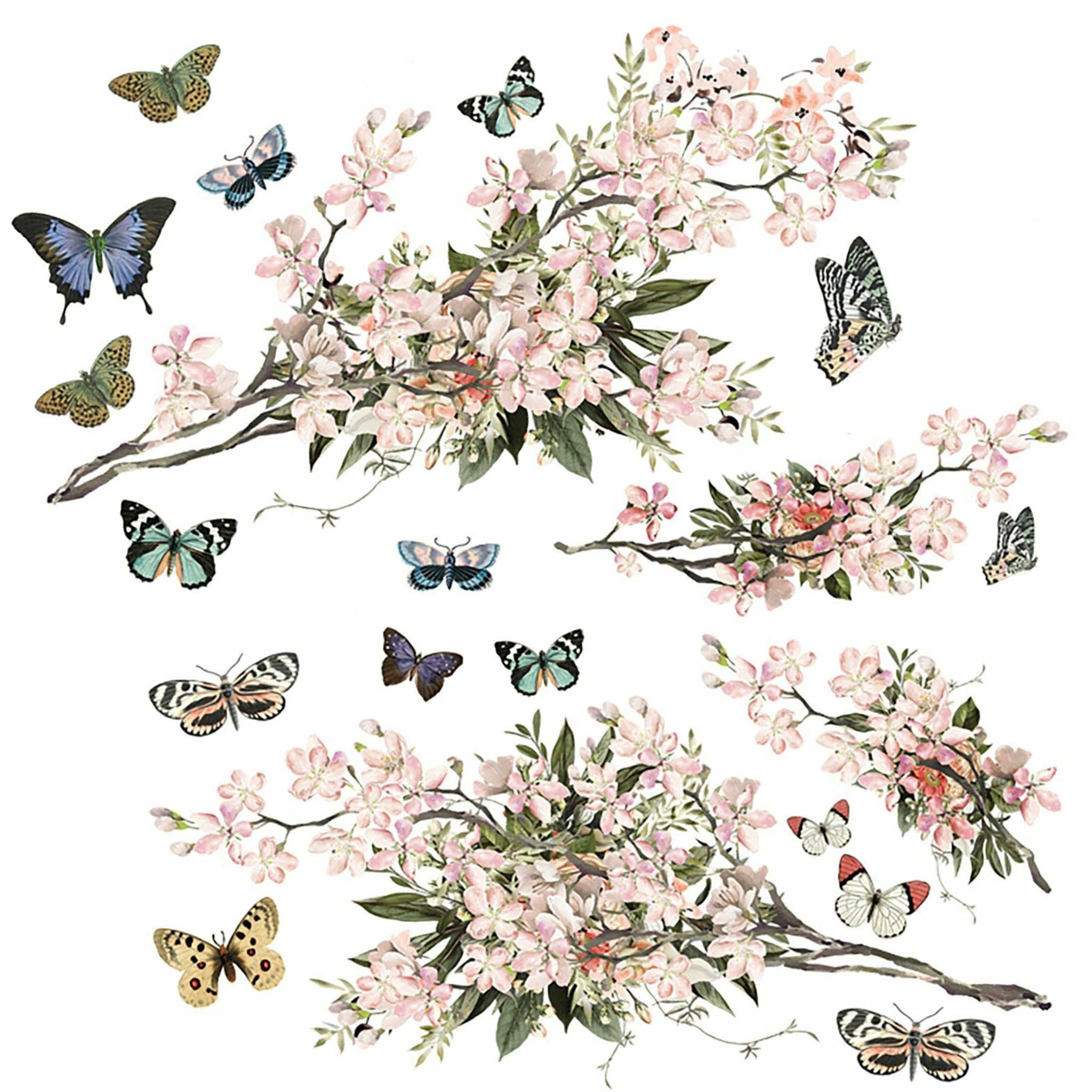 Close-up of a pink blossoms branches and blue butterflies transfer design.