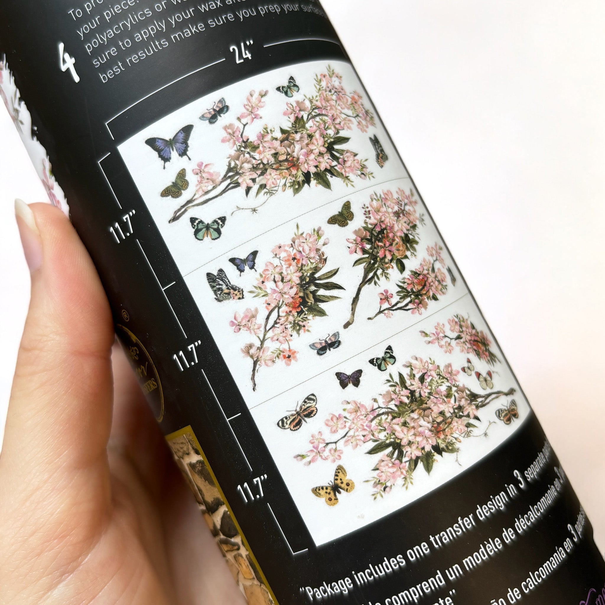 A tube of ReDesign with Prima's Blossom Botanica rub-on transfer shows 3 sheets with measurements of 24" x 11.7" each.