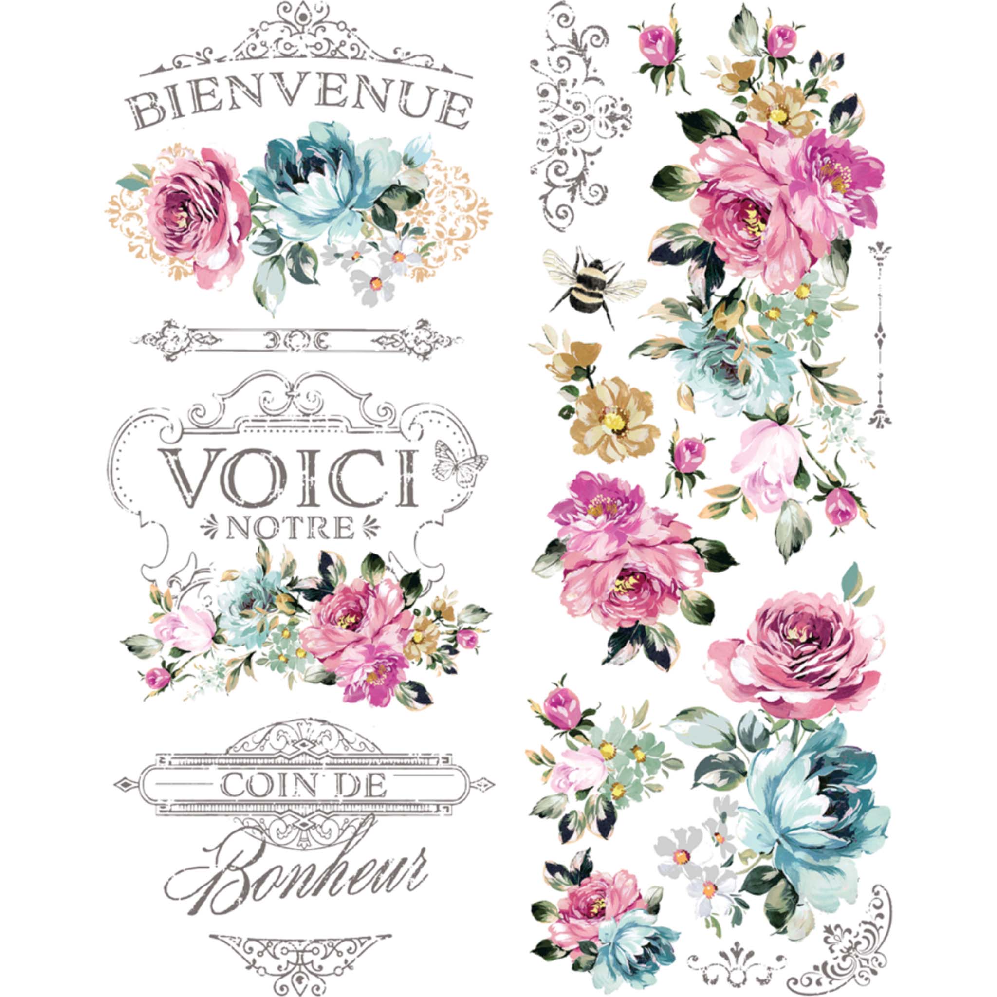 Rub on transfer featuring clusters of vibrant flowers in pink, blue, and yellow, along with French script is against a white background.