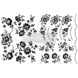 H2O water transfer design that features black monochomatic rose bouquets and garlands of various sizes.