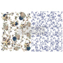 H2O water transfer that includes 2 designs. One sheet features blue and beige floral vines, the other has blue monochromatic floral vines.