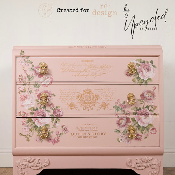 Blushing Blooms Symphony by KACHA transfer used on a blush pink dresser—corner rose clusters framing drawers with ornate gold pulls and vintage script accents.