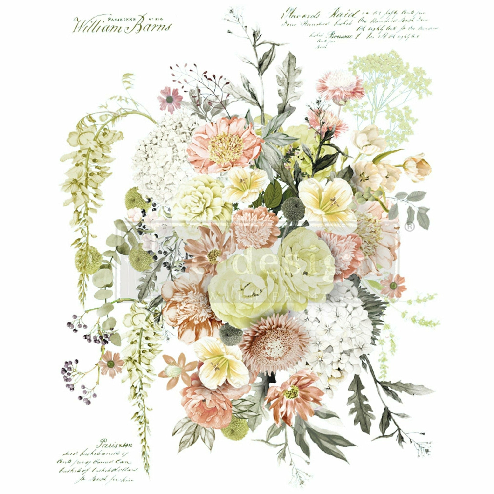 A rub on transfer that features a stunning cascading bouquet of flowers in shades of peach, yellow, and white with script writing is against a white background.