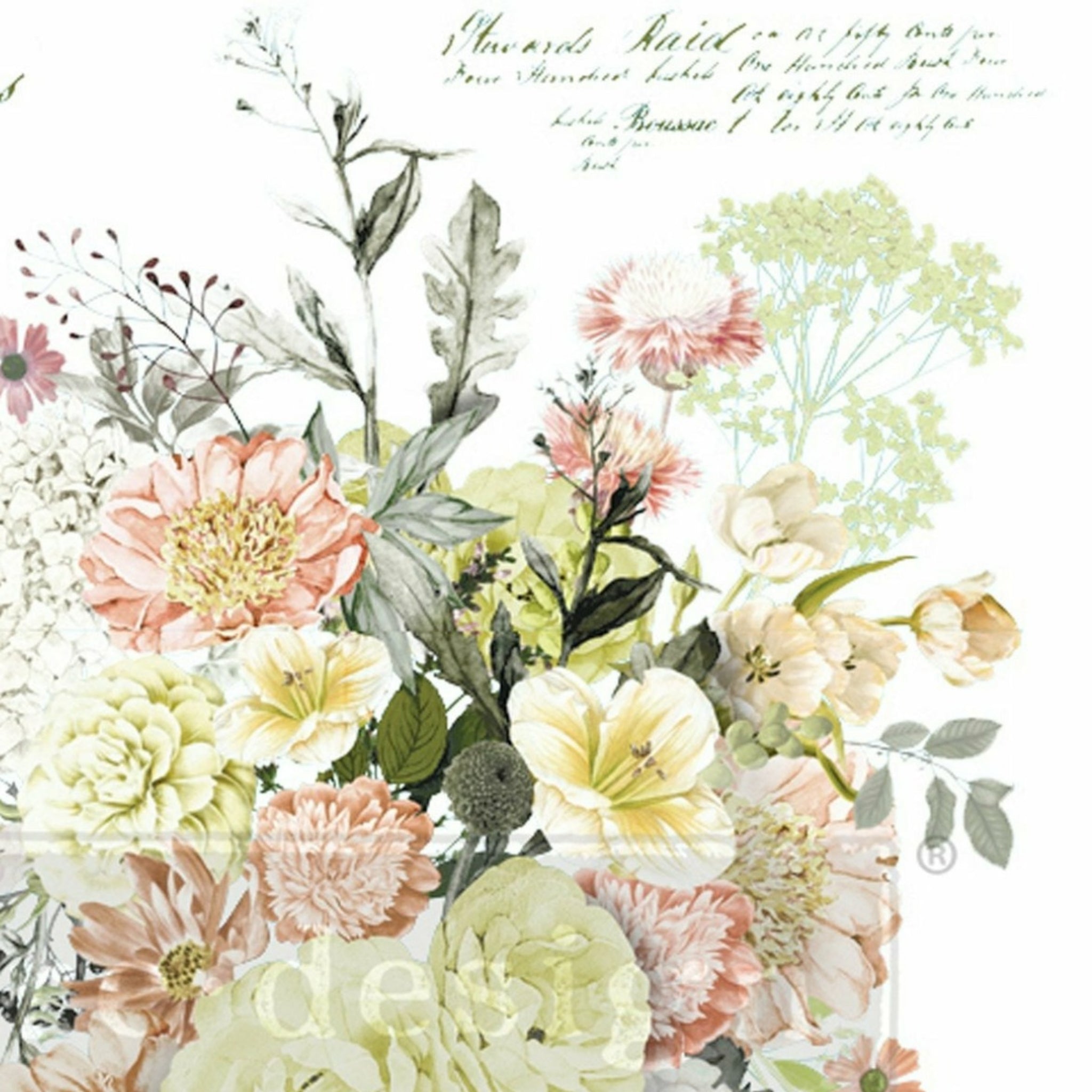 A close-up of a rub on transfer that  features a stunning cascading bouquet of flowers in shades of peach, yellow, and white and script writing.