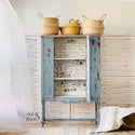 A vintage cabinet refurbished by Click 2 Restore is painted a distressed light blue and features ReDesign with Prima's Lovely Ledger trasnfer against its backboard inside the cabinet.