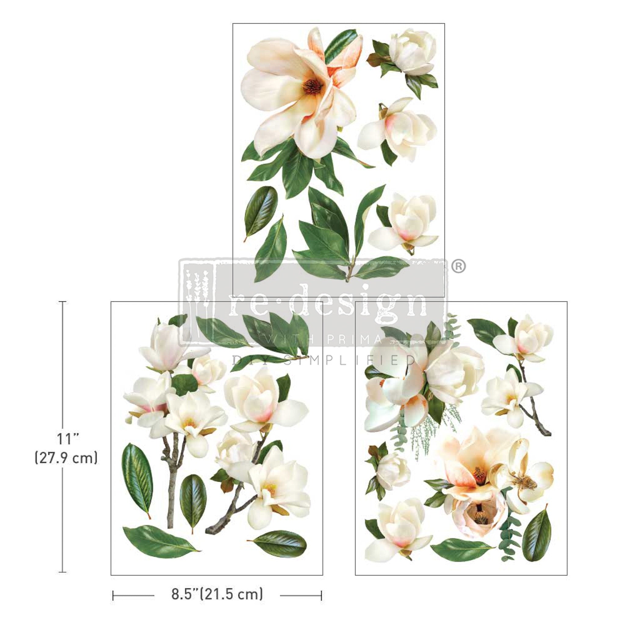 Three sheets of ReDesign with Prima's La Gran Magnolia small transfer are against a white background. Measurements for 1 sheet reads 11" [27.9 cm] by 8.5" [21.5 cm].