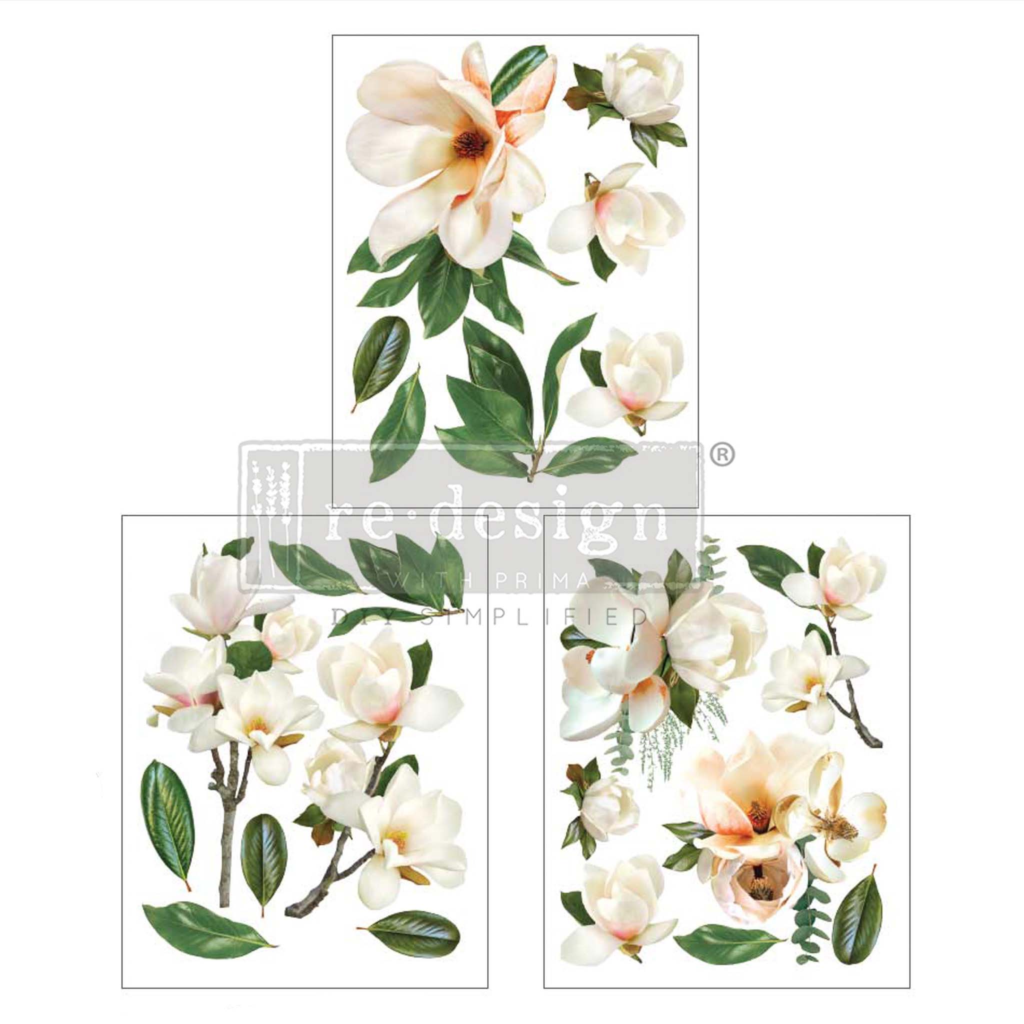 Small rub-on transfer design that features gorgeous jumbo magnolia blooms in creamy tones set among lush deep green leaves.