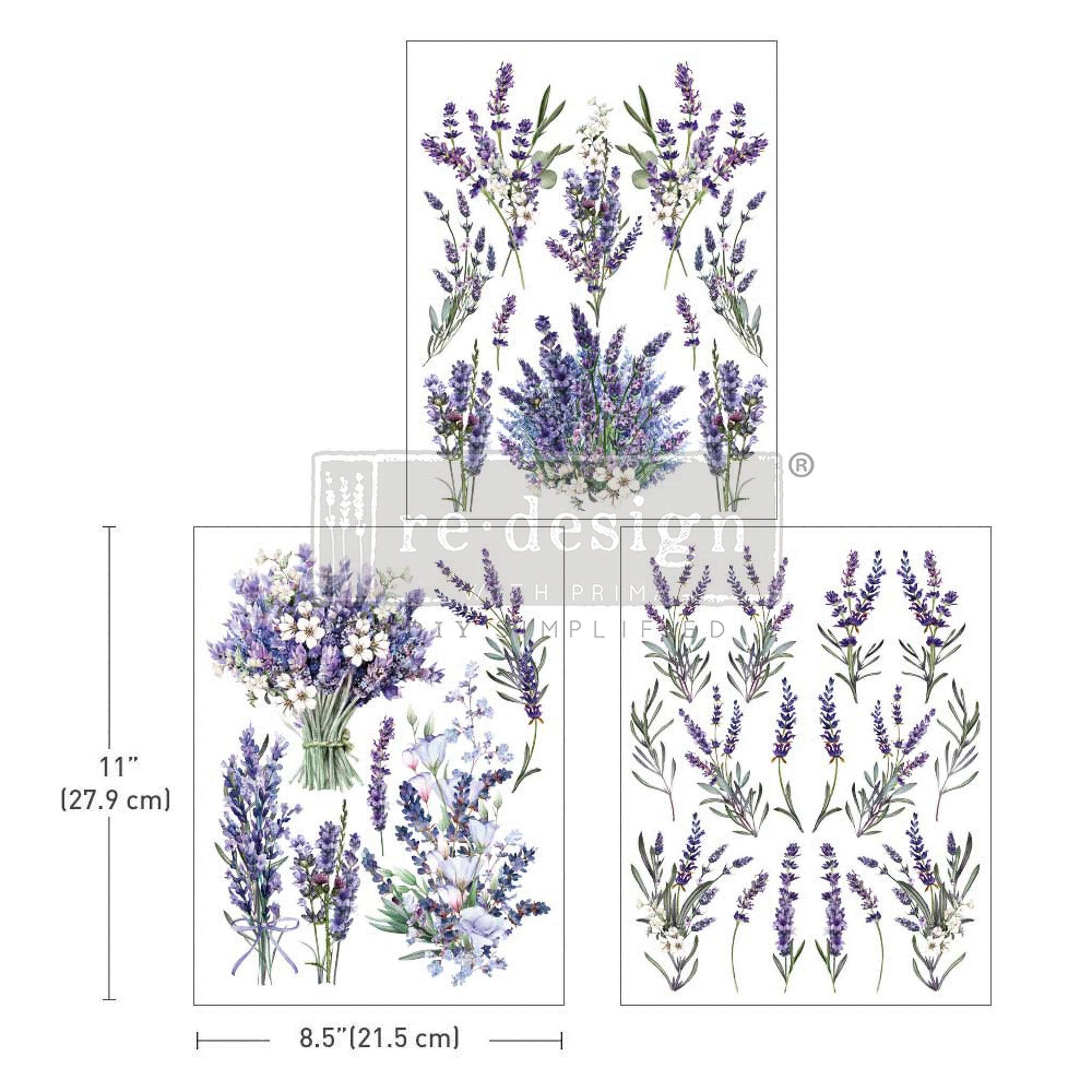 Three sheets of ReDesign with Prima's Lavender Bunch small transfer are against a white background. Measurements for 1 sheet reads: 11" [27.9 cm] by 8.5" [21.5 cm].