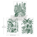 Three sheets of green monochromatic tropical foliage are against a white background. Measurements for 1 sheet reads: 11" [27.9 cm] by 8.5" [21.5 cm].