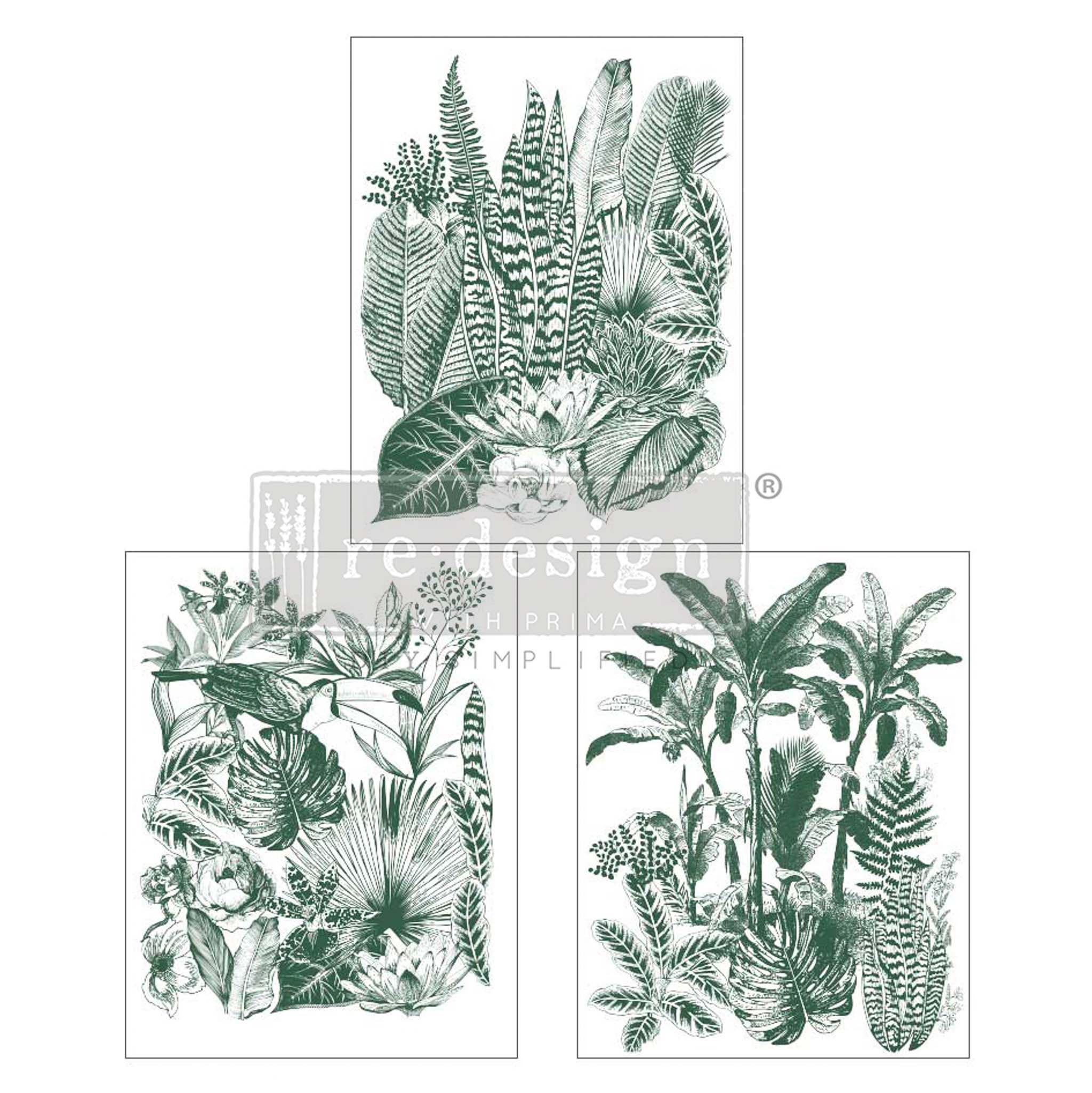 Three sheets of green monochromatic tropical foliage are against a white background.