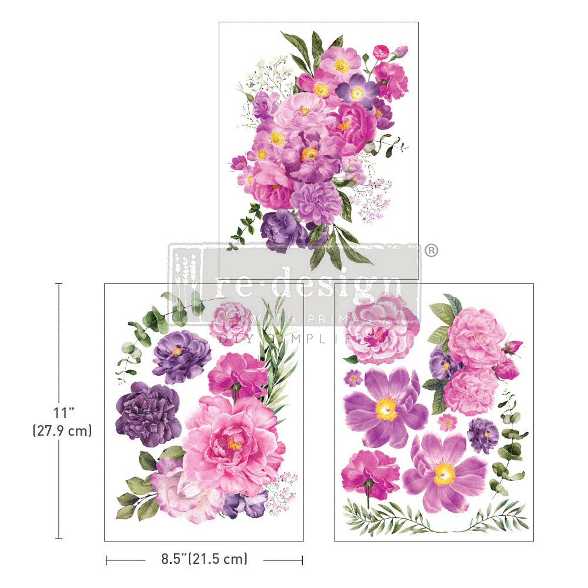 Three sheets of ReDesign with Prima's Purple Blossom small transfers. Measurements for 1 sheet reads 11" [27.9 cm] by 8.5" [21.5 cm].