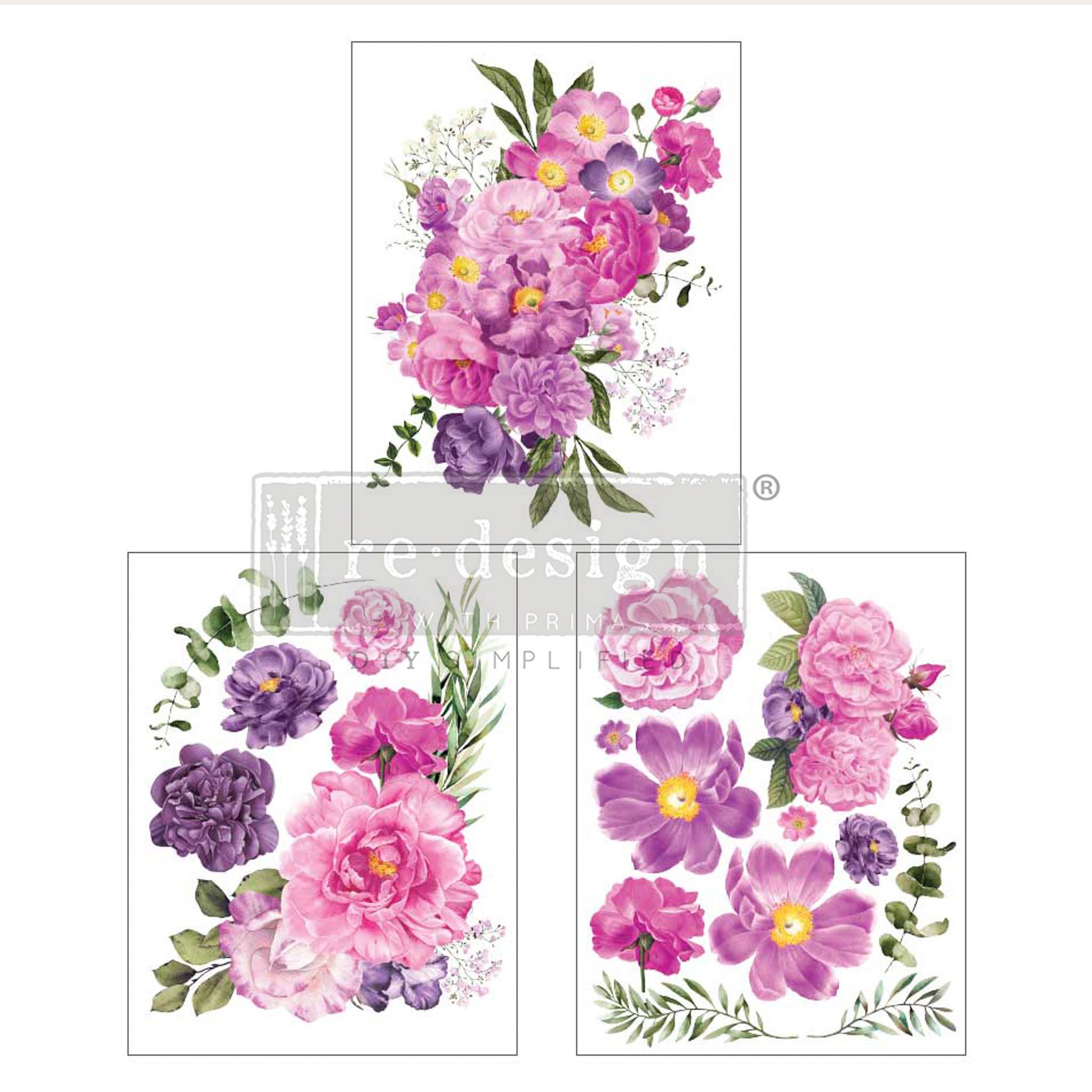 Three small rub-on transfers that features pink and purple flowers and a large bouquet.