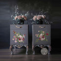 Two vintage nightstands are painted grey and feature ReDesign with Prima's Very Purple small transfer on them.