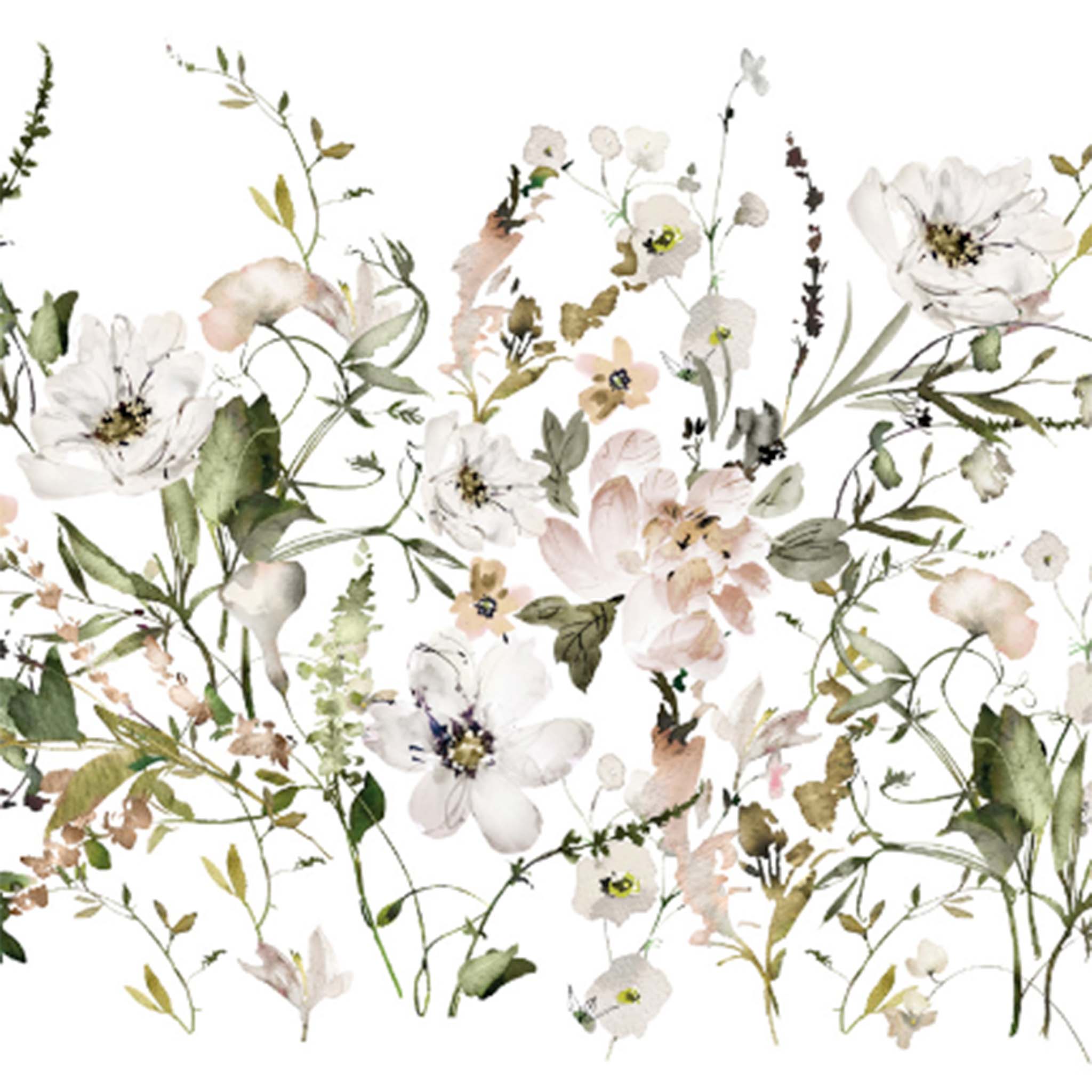 Close-up of a rub-on transfer design against a white background that features charming blush, cream, and white flowers surrounded by lush greenery.