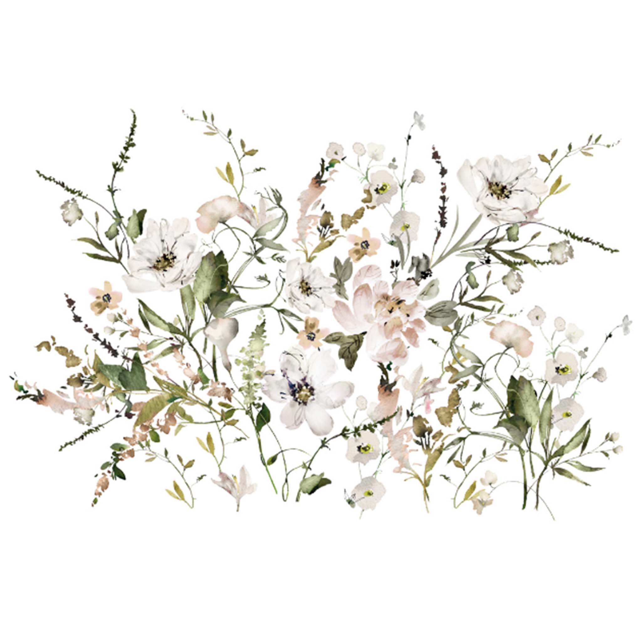 Rub-on transfer design against a white background that features charming blush, cream, and white flowers surrounded by lush greenery.