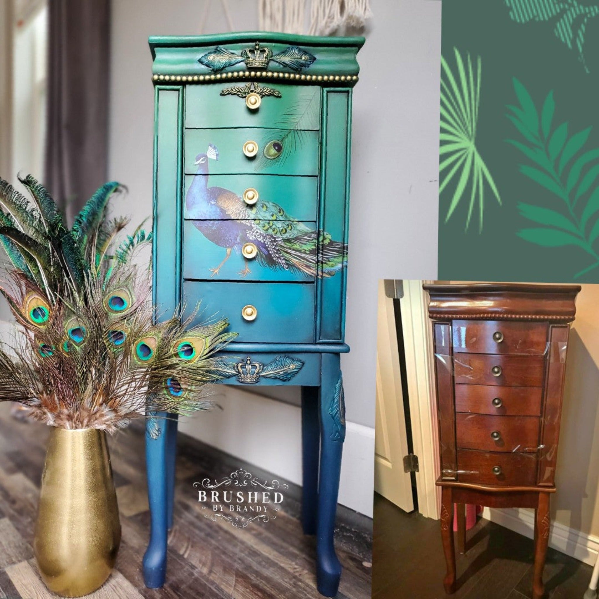 A vintage 5-drawer standing jewelry armoire refurbished by Brushed by Brandy is painted and ombre blend of teal down to blue and features ReDesign with Prima's Peacock Dreams transfer on the front.