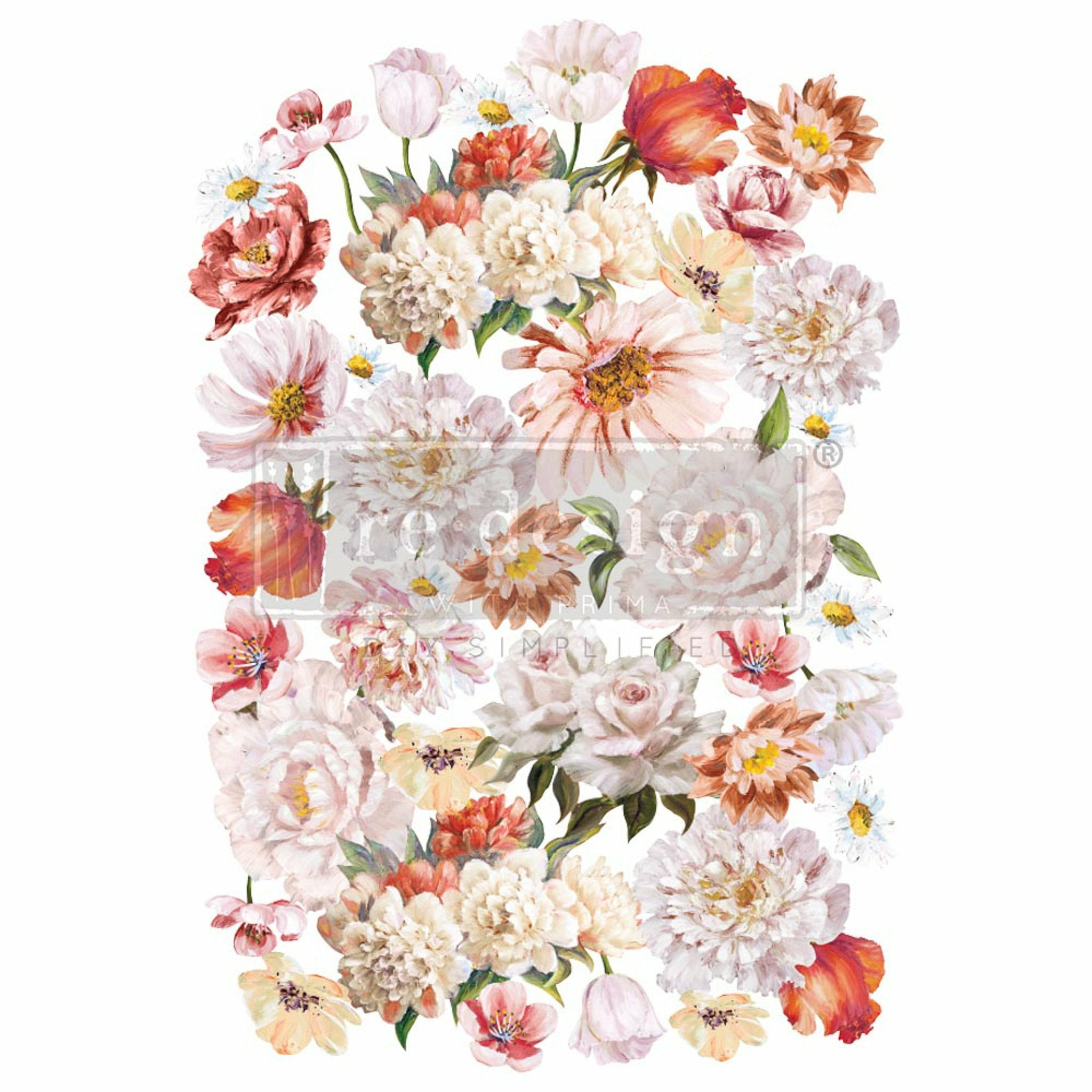 A rub on transfer featuring a large bouquet of peach and white flowers is against a white background.