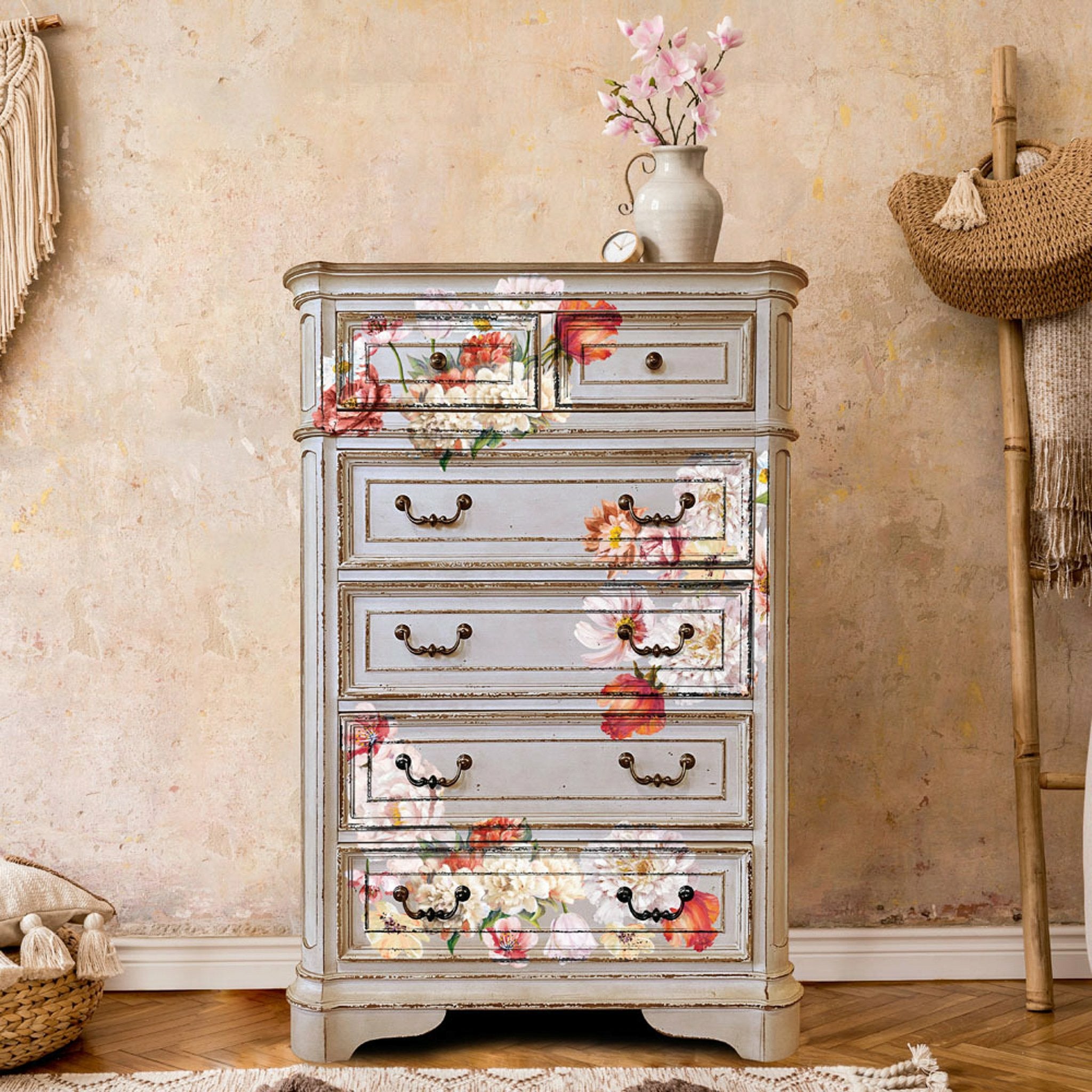 A vintage 6-drawer chest dresser is painted light grey and features ReDesign with Prima's Pretty in Peach transfer on the front.