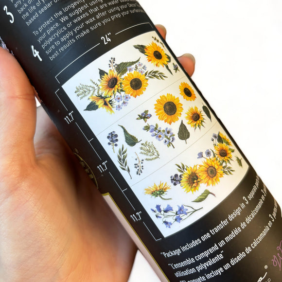 A tube of ReDesign with Prima's Sunflower Fields rub-on transfer shows 3 sheets with measurements of 24" x 11.7" each.
