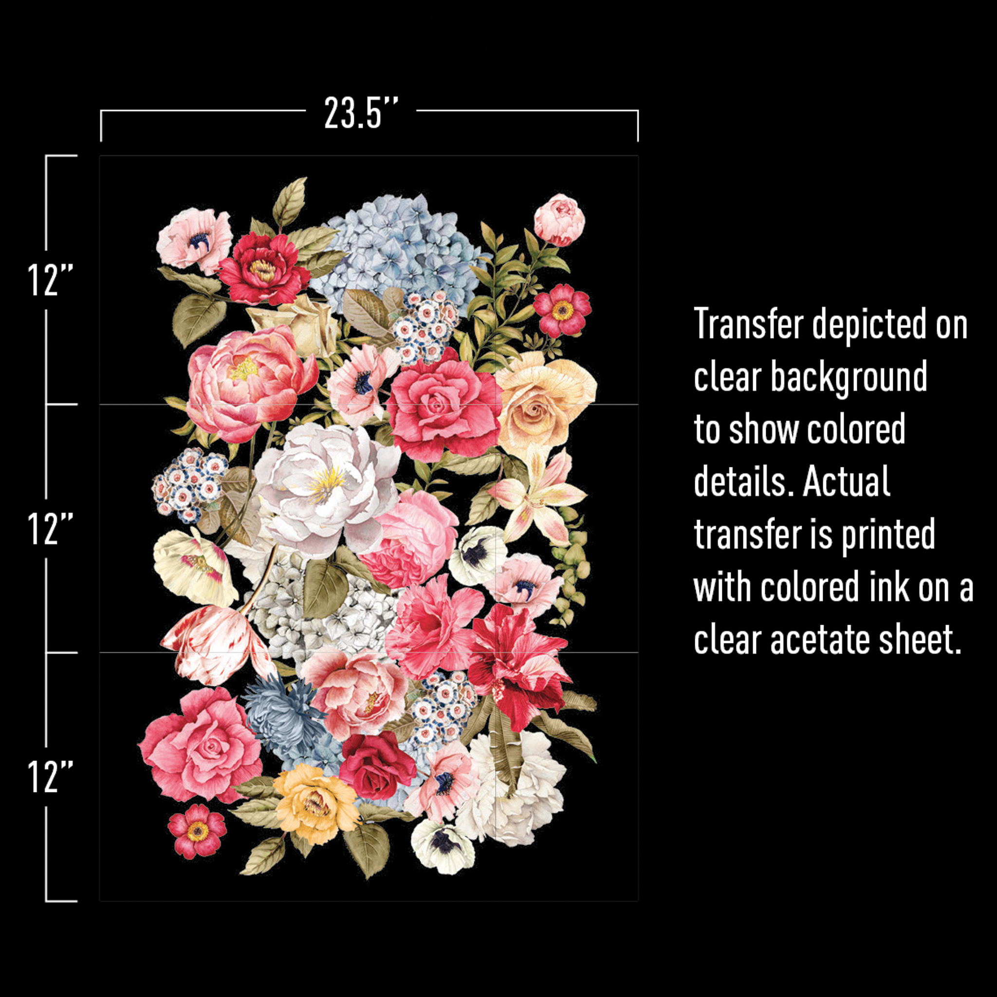 Three sheets of ReDesign with Prima's Wondrous Floral 2 is against a black background. Measurements for each sheet reads: 23.5" x 12".