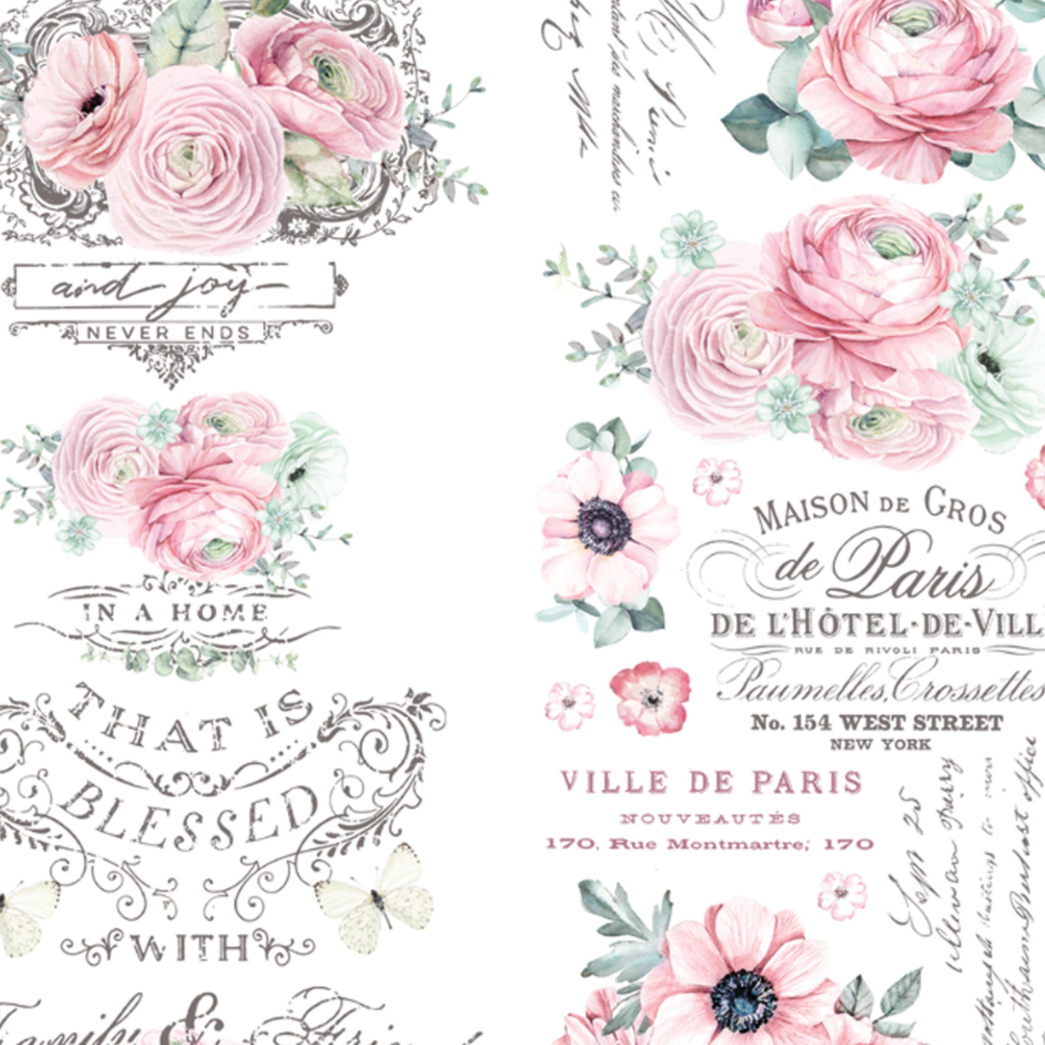 A close-up of a rub on transfer against a white background that features small bouquets of light pink roses and flowers and elegant French and English script.