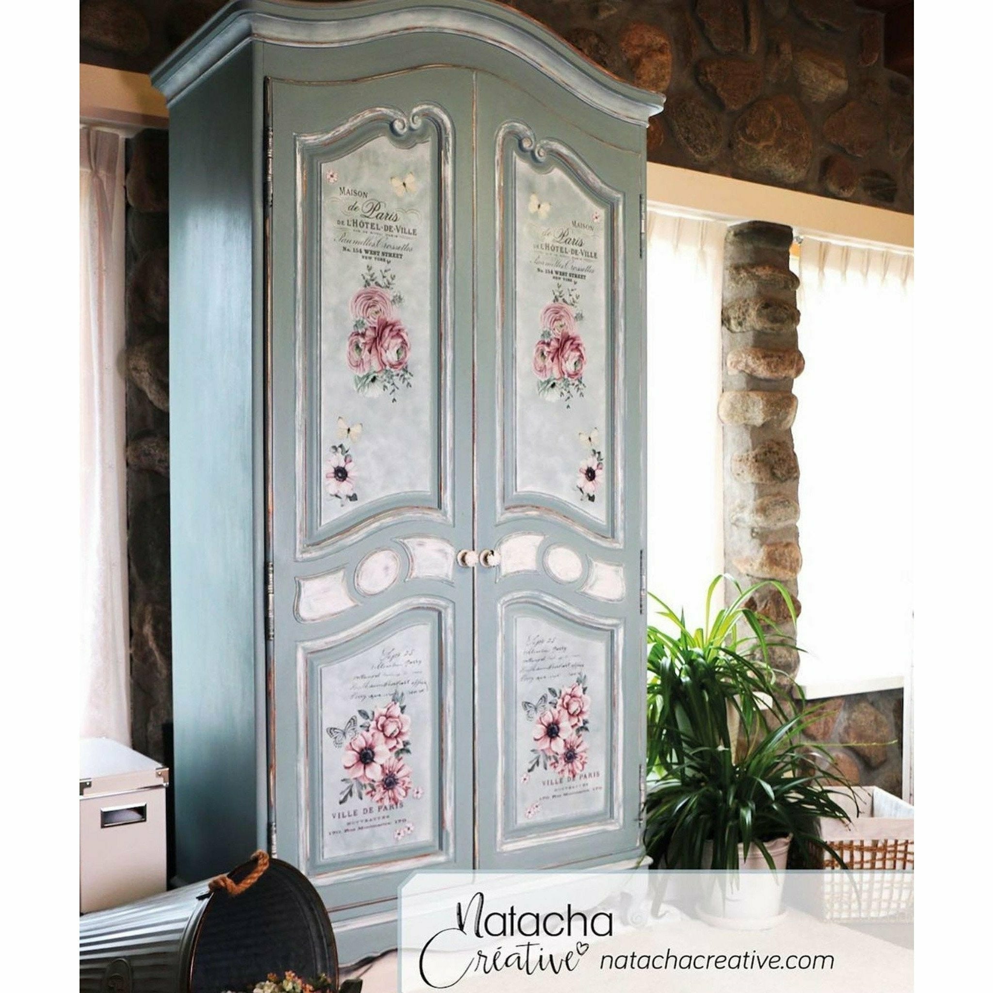 A vintage armoire refurbished by Natacha Creative is painted shades of grey and features ReDesign with Prima's Overflowing Love transfer on the in lays of its 2 doors.