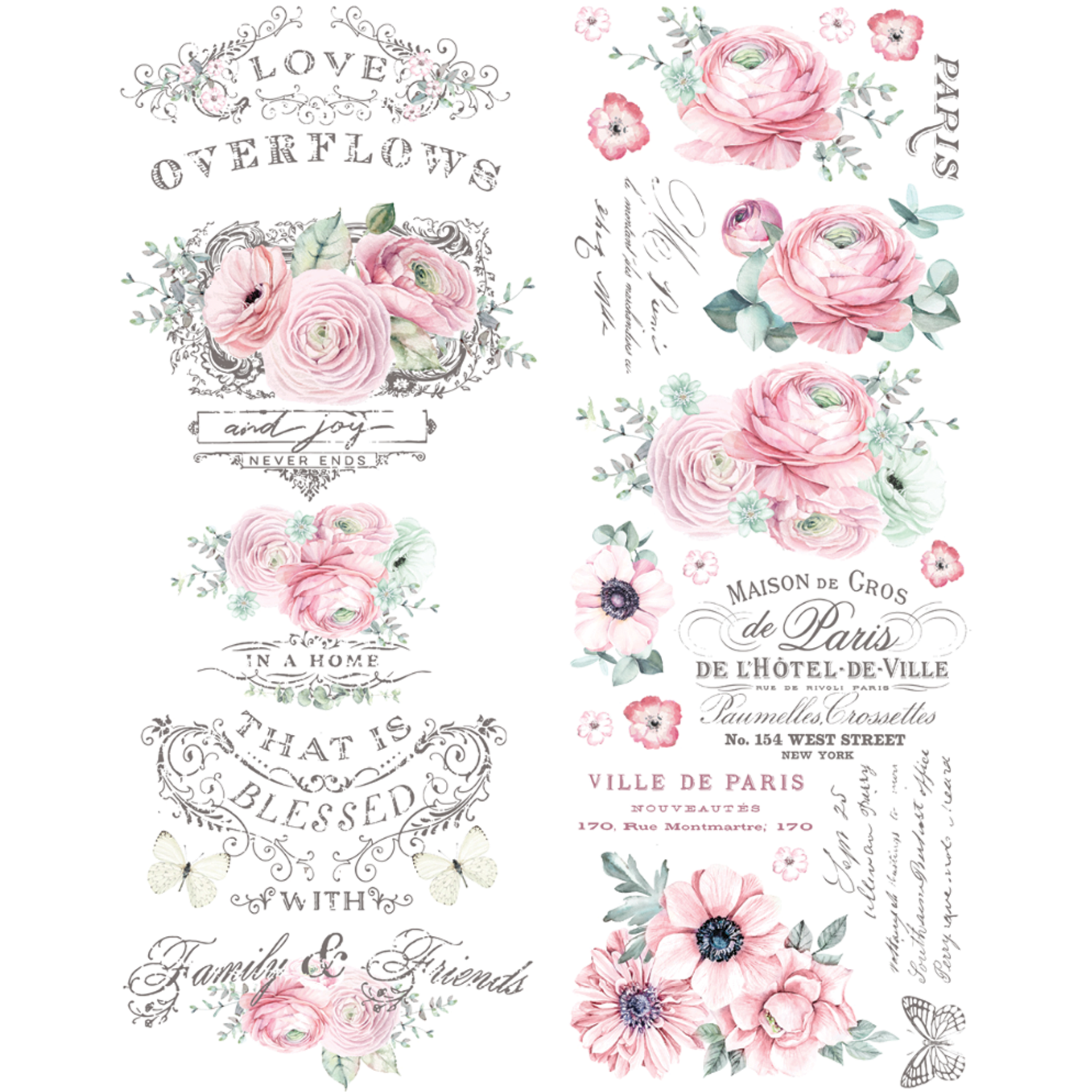 A rub on transfer against a white background features small bouquets of light pink roses and flowers and elegant French and English script.