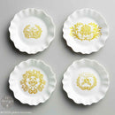 Four small white frill edged bowls feature ReDesign with Prima's Gilded Memories H2O Water Slide Transfers in them.