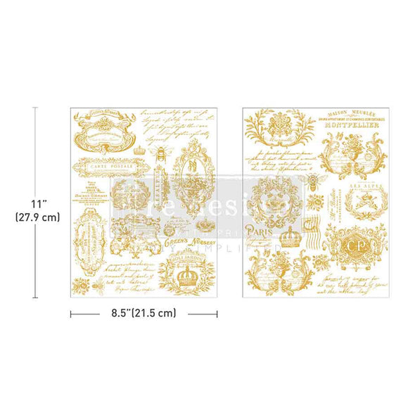 Two sheets of ReDesign with Prima's Gilded Memories H2O Water Transfers are against a white background. Measurements for 1 sheet reads: 11" (27.9 cm) x 8.5" (21.5 cm).