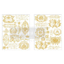 H2O water slide transfers featuring two 8.5” x 11” sheets filled with golden labels featuring elegant French print, delicate script, intricate filigrees, and charming bees are against a white background.