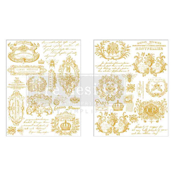H2O water slide transfers featuring two 8.5” x 11” sheets filled with golden labels featuring elegant French print, delicate script, intricate filigrees, and charming bees are against a white background.
