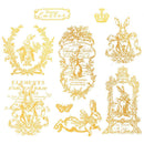 Closeup of Gilded Spring water slide transfer sheet with gold vintage Easter bunnies, French label, crown, and “Happy Easter” text