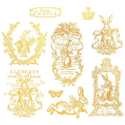 Closeup of Gilded Spring water slide transfer sheet with gold vintage Easter bunnies, French label, crown, and “Happy Easter” text