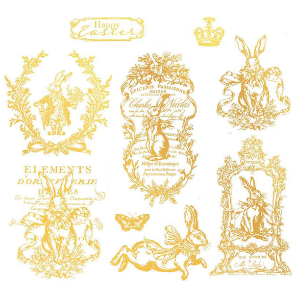 Closeup of Gilded Spring water slide transfer sheet with gold vintage Easter bunnies, French label, crown, and “Happy Easter” text