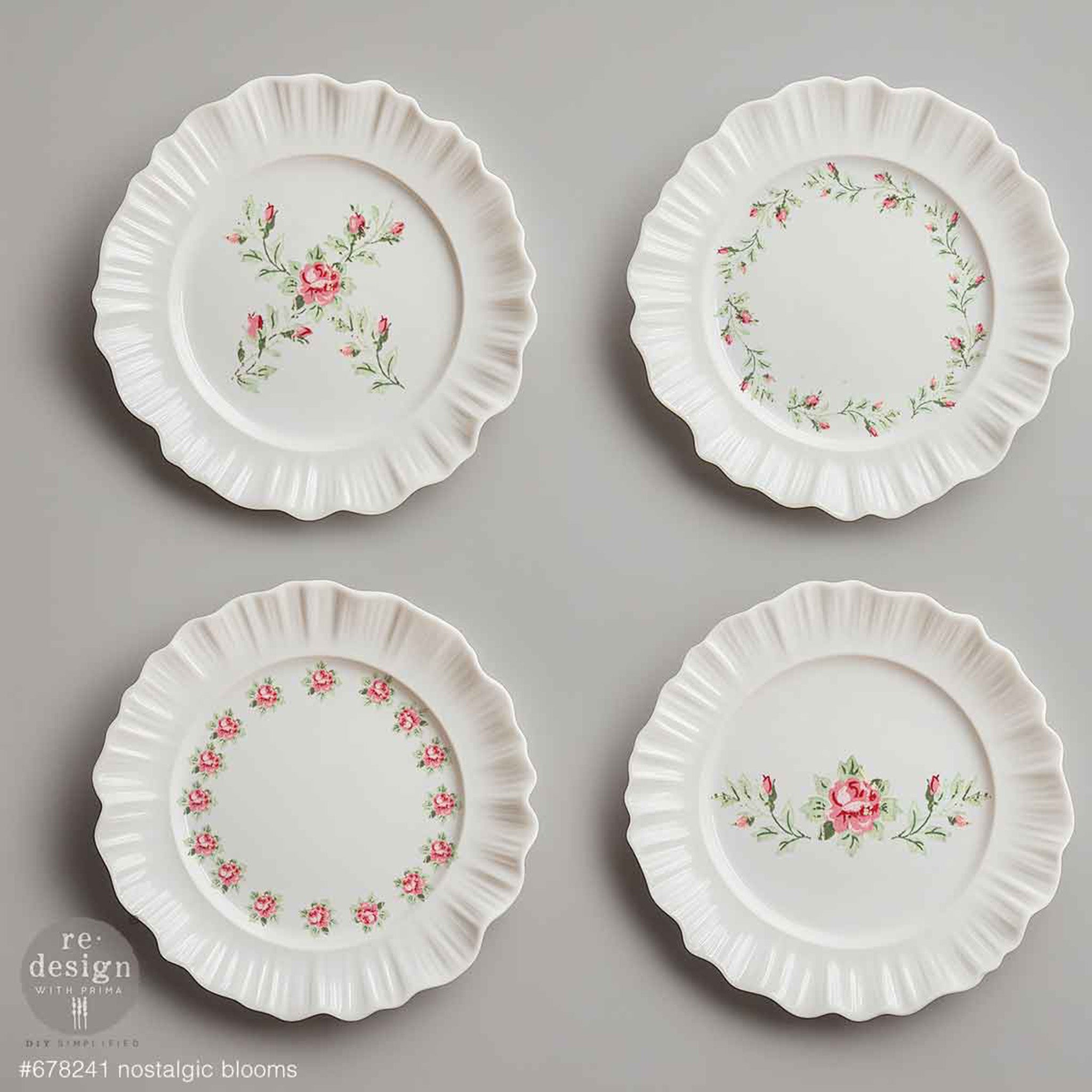 Four small white scalloped plates feature ReDesign with Prima's Nostalgic Blooms H2O Water Transfers on them.