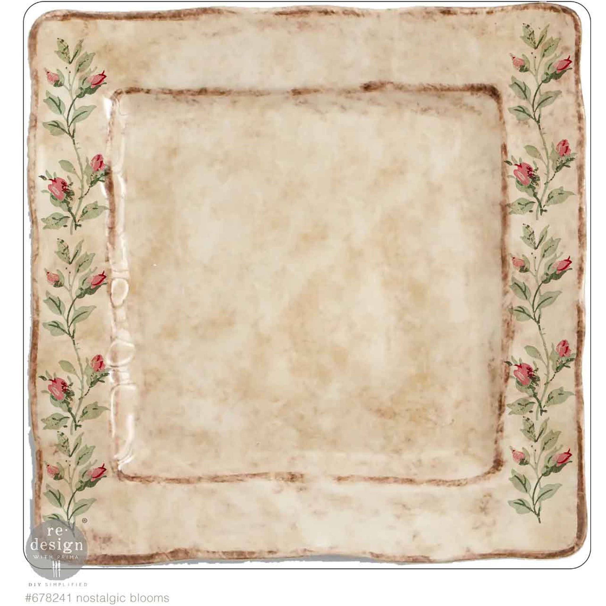 A vintage Italian style square plate features ReDesign with Prima's Nostalgic Blooms H2O Water Slide Transfer on 2 side of the plate.