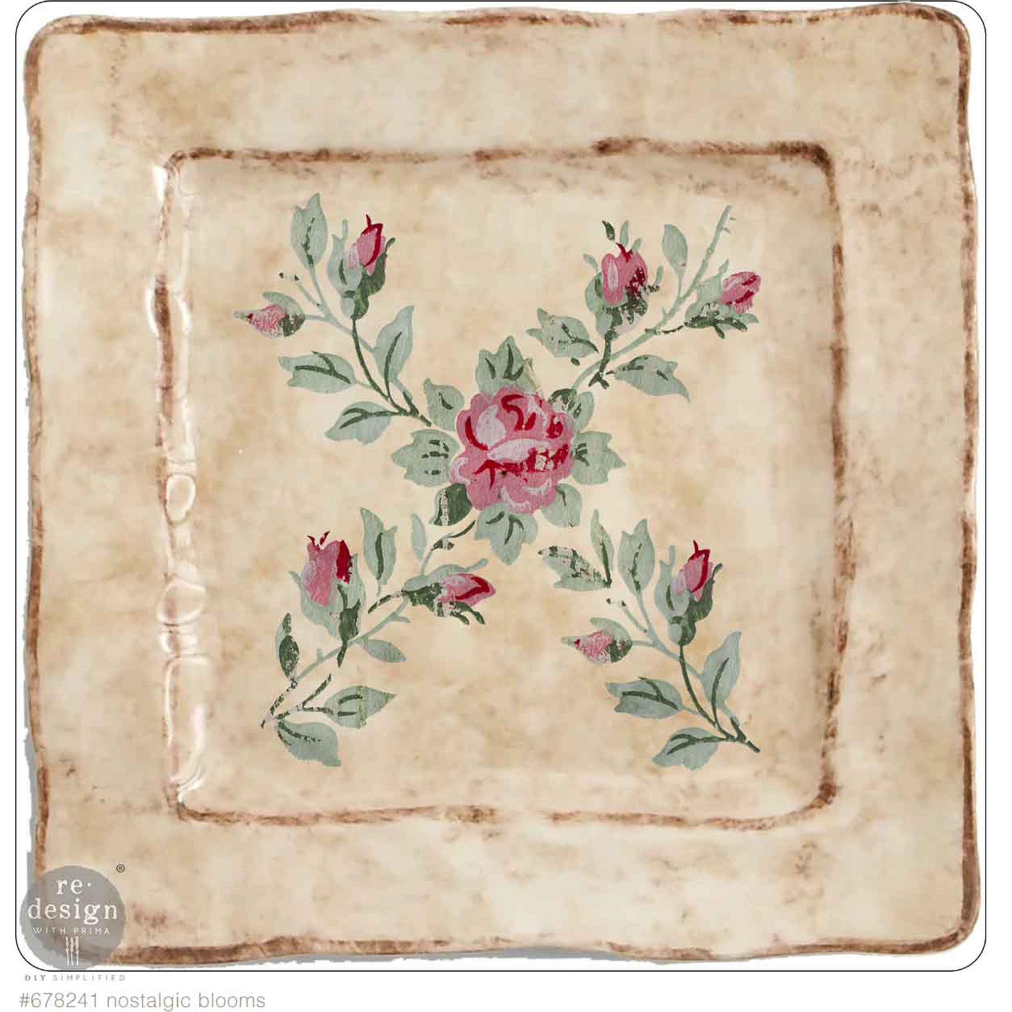 A vintage Italian style square plate features ReDesign with Prima's Nostalgic Blooms H2O Water Slide Transfer on the center of the plate.